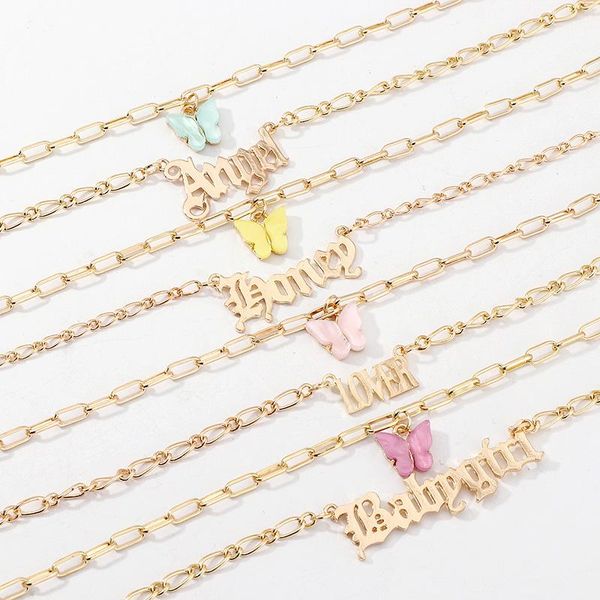 

sweet acrylic butterfly double layer necklaces long wild clavicle chain pendant refined letter lover babygirl angel honey choker, Golden;silver