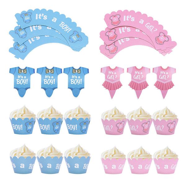 

12pcs/set it's a boy or girl er set cupcake wrapper birthday cake decor baby shower gender reveal party supplies