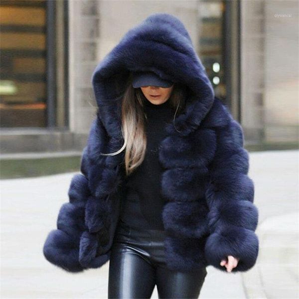 

2021 new fashion hooded full sleeves winter fur coat navy blue casual women faux fur thick warm jacket fourrure femme1, Black