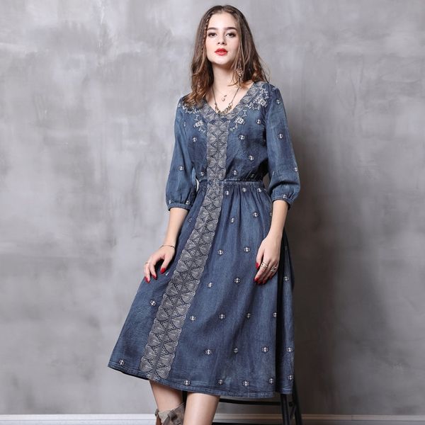 

джинсовые платья kmtqm женщин новый джинсовой большой качели big 2020 вышивка середине рукав 82110 женщин осень 2020 осень новый большой кач, Black;gray