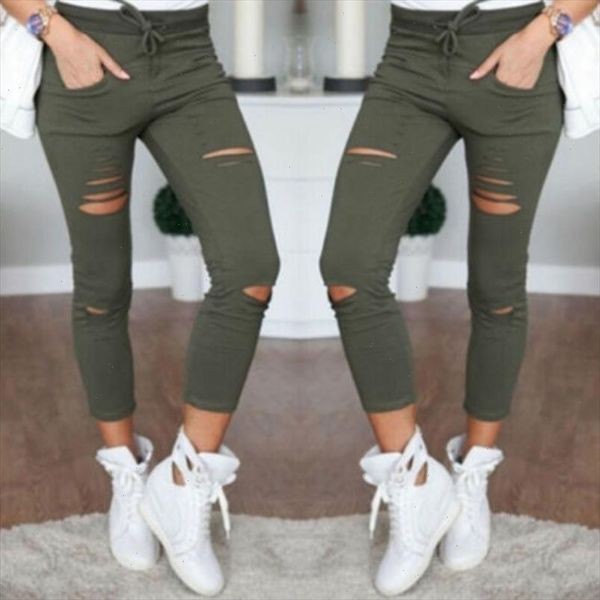 

military army green skinny ripped holes jeans women high waist stretch denim pencil pants shredded leggings trousers, Blue