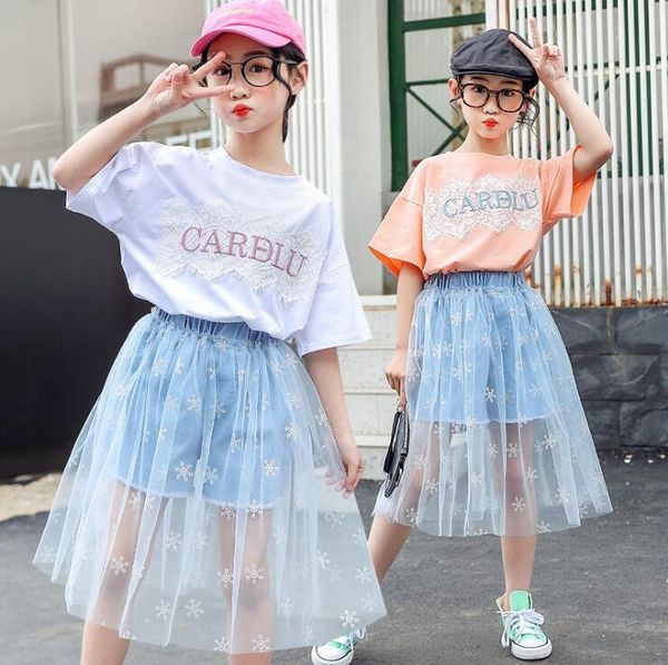 

clothing sets 2021 wholesale girls 2 pcs set lace t-shirt+ denim shorts fashion summer suit 5-10t f393, White