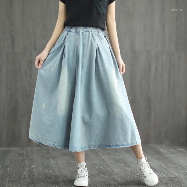 

plus size a-line cotton denim long skirts women oversized vintage female casual art loose elastic high waist midi jeans skirts1, Black
