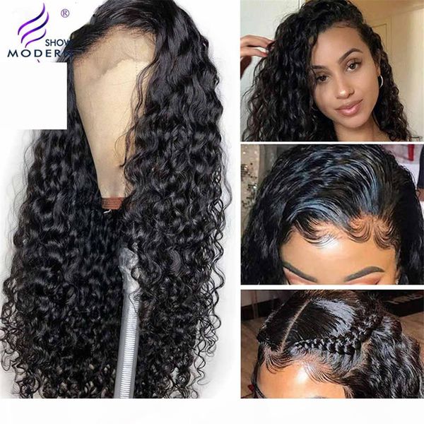 

modern show hair water wave 4x4 lace closure wig peruvain remy human hair wigs pre plucked 30 inch perruque natural color 150%, Black;brown