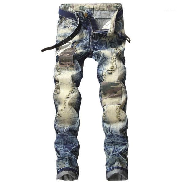 

snow wash mens torn camouflag patch ripped beggar blue jeans holey straight leg slim destroyed vintage hip hop denim pants #8071
