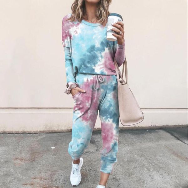 

women's tracksuits women two piece set autumn home wear female tie dye print 2 sets long sleeve pants suit streetwear plus size, Gray