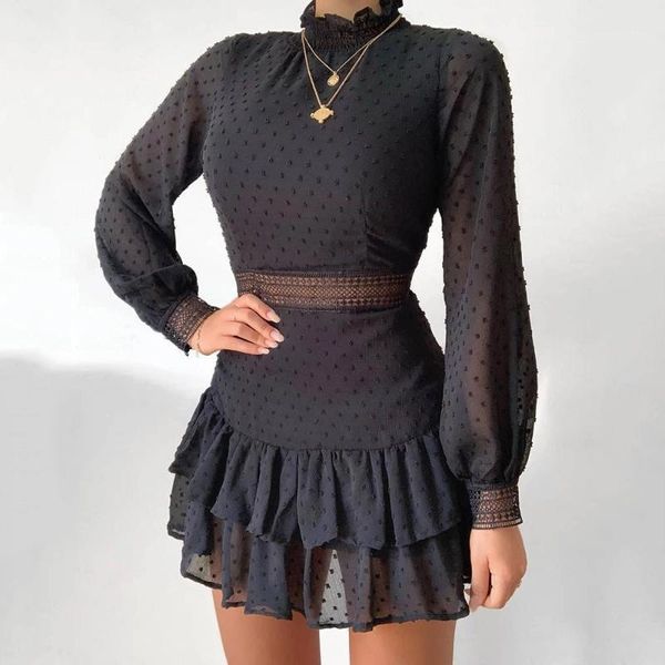 

fall ruffle chiffon lace dress lantern long sleeve mini dresses for women 2020 fashion zippers splicing o neck dress d301, Black;gray