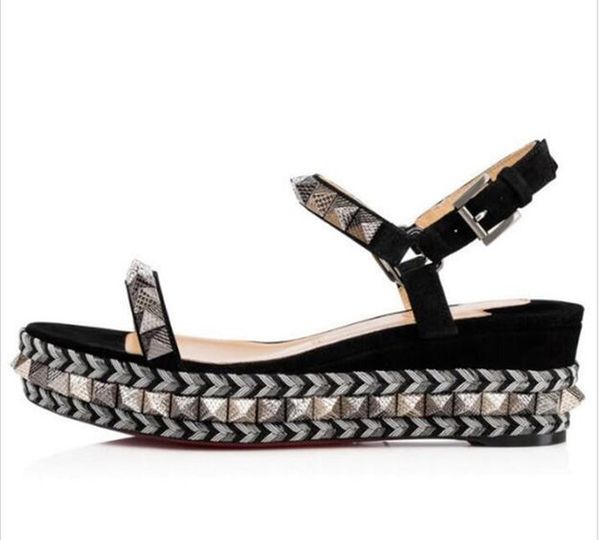 

luxurious pyraclou 60mm platfrom flats espadrilles woven lady wedges sandals ankle strap studs red bottom lady women dress party, Black