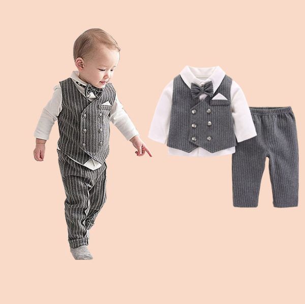 

baby boys 1th birthday suit baby kids bows tie lapel long sleeve shirt+stripe waistcoats+pants 3pcs sets children gentleman outfits a4678, White