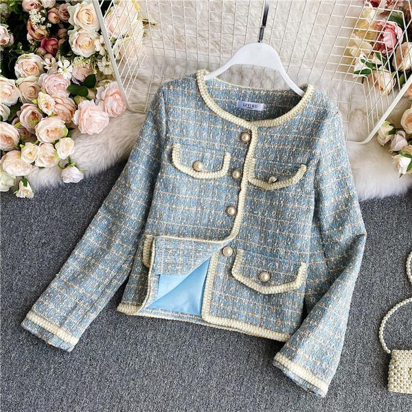 

women's jackets french temperament tweed short jacket women small fragrance 2021 autumn gas lattice pearl button slim cardigan, Black;brown