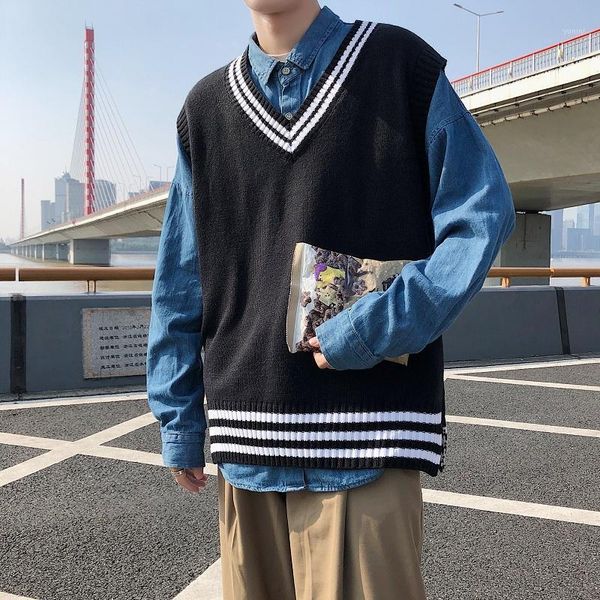 

autumn harajuku bf sweaters college wind vest sweaters male ins sleeveless men hong kong style korean vest1, White;black