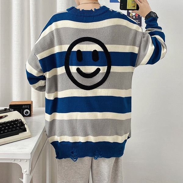

spring ins contrast striped hole sweater trend pullover couple bottomed sweater, Black