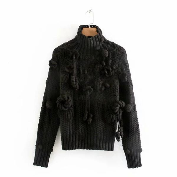 

2021 new black crochet appliques luxury knitted women autumn winter vintage long sleeve turtleneck sweater pullover qle4, White;black