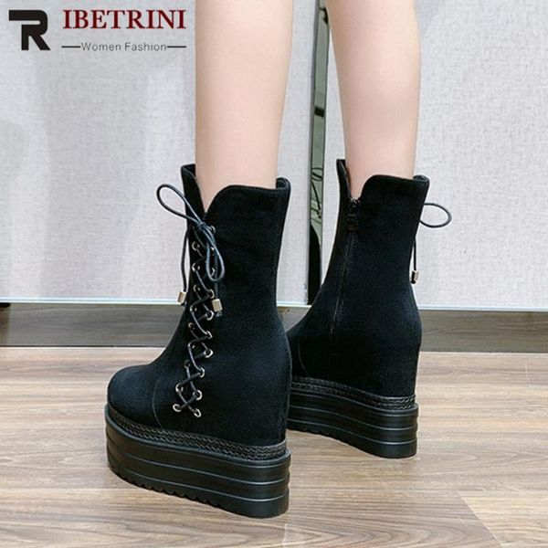 

boots ribetrini brand extreme high heels height increase platform shoelaces chic stylish winter shoes women, Black