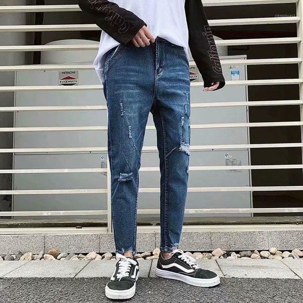 

2020 men's jeans new hole slim trousers denim elastic skinny cotton male streetwear hiphop personality male pencil pants1, Blue