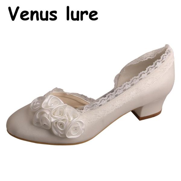 

round toe size 4 shoes for the bride ivory satin flower wedding heels, Black