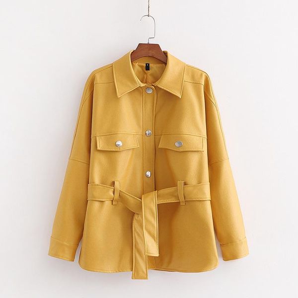 

women's leather & faux korean women lapel belt jacket female casual personality jackets outwear, Black