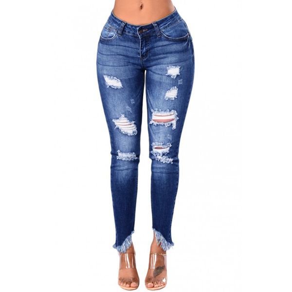 

womens jeans fashion pencil skinny denim pants women washed stretch mid waist hole ripped hollow out s2xl, Blue