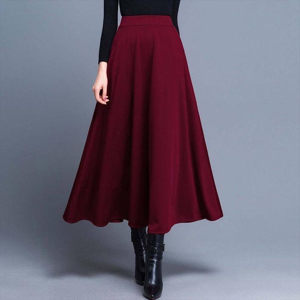 

new high waist pleated elegant skirt wine red black solid color long skirts women faldas saia 5xl plus size ladies jupe