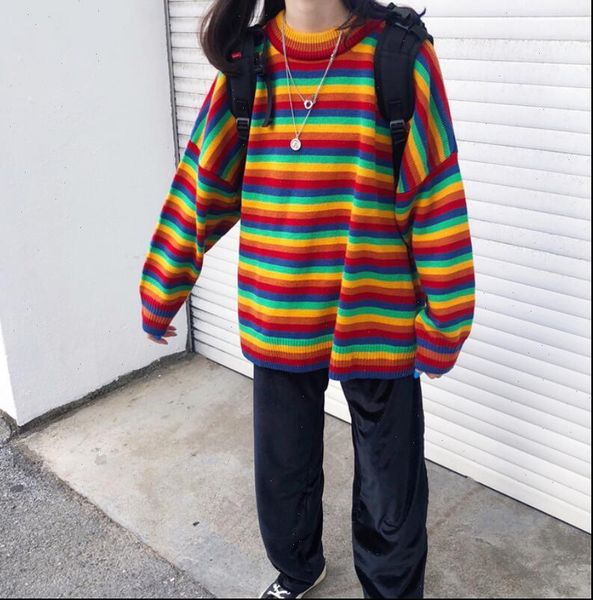 

colorful striped sweater womens autumn and winter loose round neck thick knit drop shipping good quality, White;black