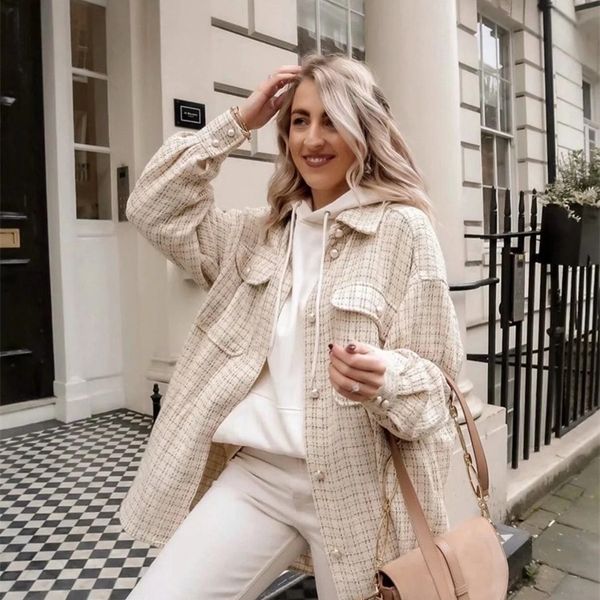 

vintage women polyester pearls coats fashion ladies thick plaid coat female streetwear elegant girls oversize jacket chic 201106, Black;brown