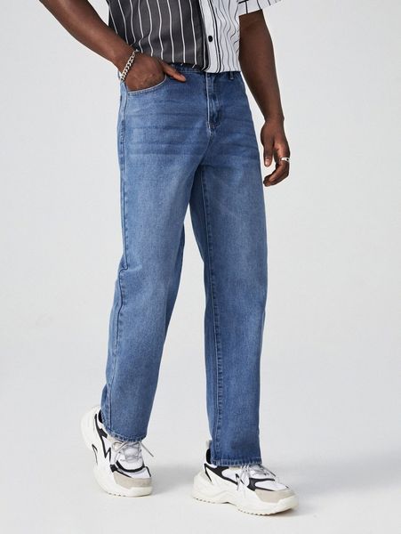 

men slant pocket straight leg jeans b54p#, Blue