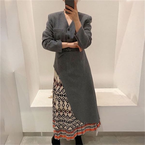 

2021 new long retro female cleavage v single ankle breasted length plait dressed patterns to dress in spring lz73, Black;gray