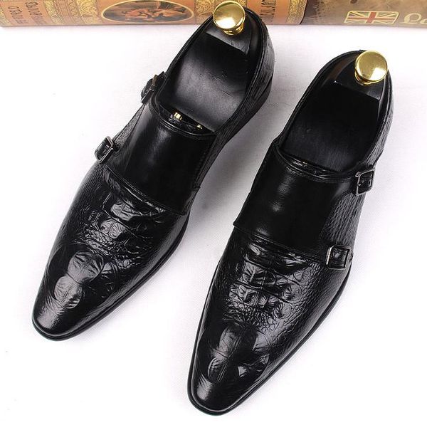 

spring autumn men pointed toes genuine leather buckle dress shoes men england style pointed toes leather shoes, Black