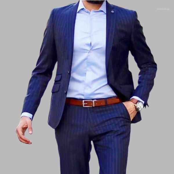 

2pcs navy mens suit white striped casual coat+pants tuxedo groom suits for men wedding 2020 party notch lapel male slim blazers1, White;black