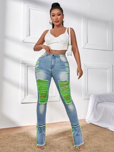 

sxy high waisted colorblock ripped raw hem bootcut jeans e5nd#, Blue