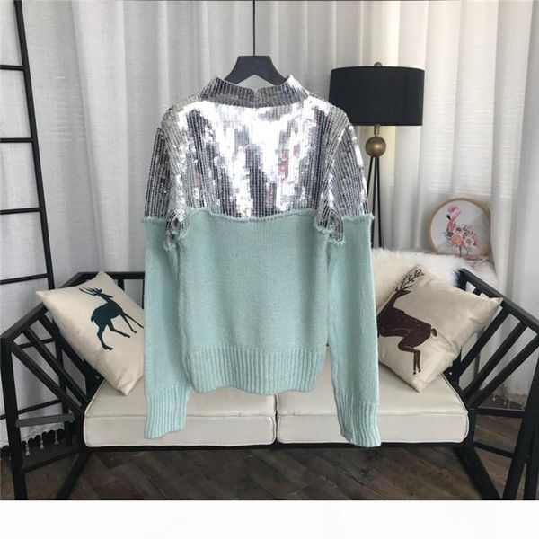 

fashion-designer 2018 aqua green sequins women's sweaters blingbling sequins patchwork pullovers womens 827781, White;black