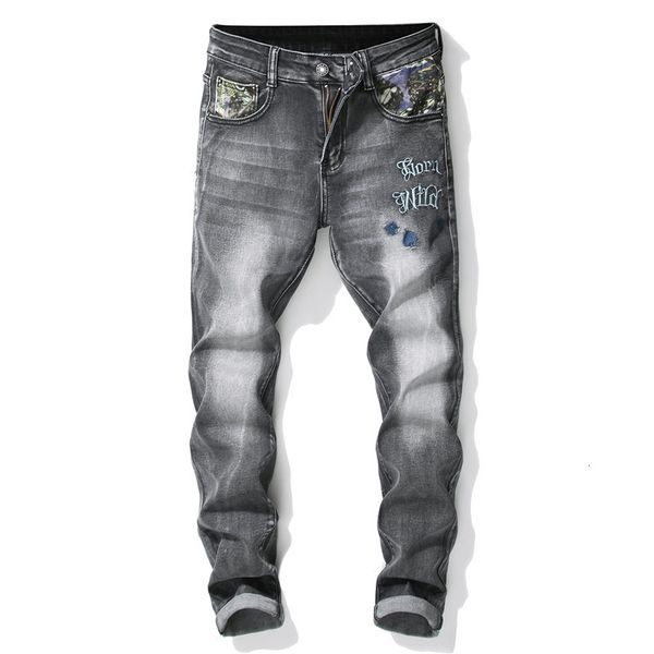 

2019 new men's embroidery jeans ripped holes pants european style elasticity casual trousers cool stretch man denim pants spring, Blue