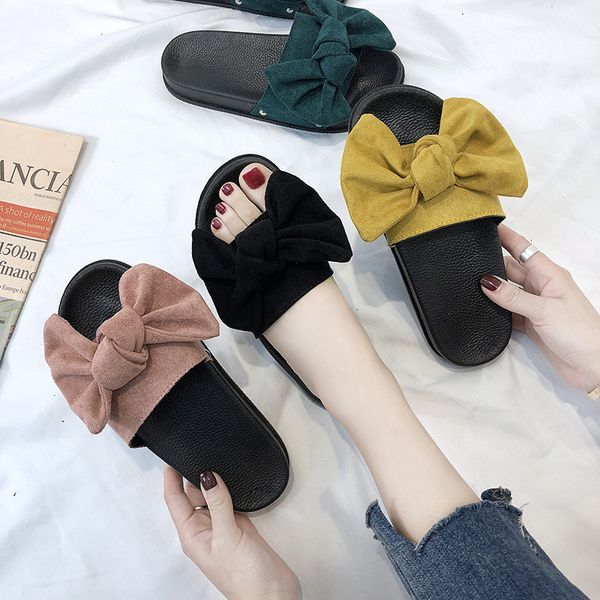 

shoes for girls womens slippers outdoor luxury slides low butterfly-knot flock platform pantofle lady soft designer flat 2020 x1020, Black