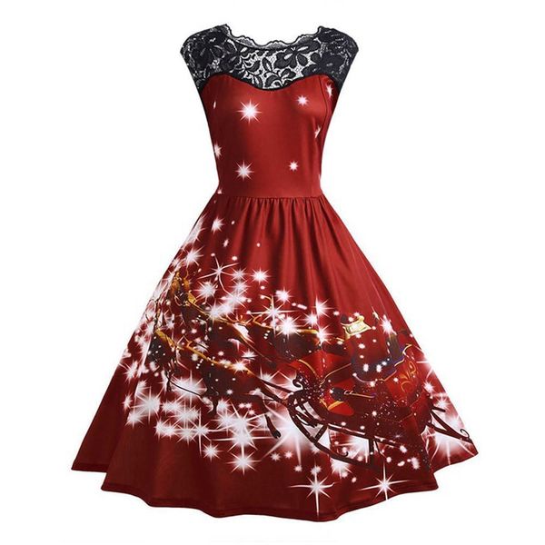

plus size dress color pompon group s-3xl women lace vintage christmas print sleeveless swing xmas party dress, Black;gray