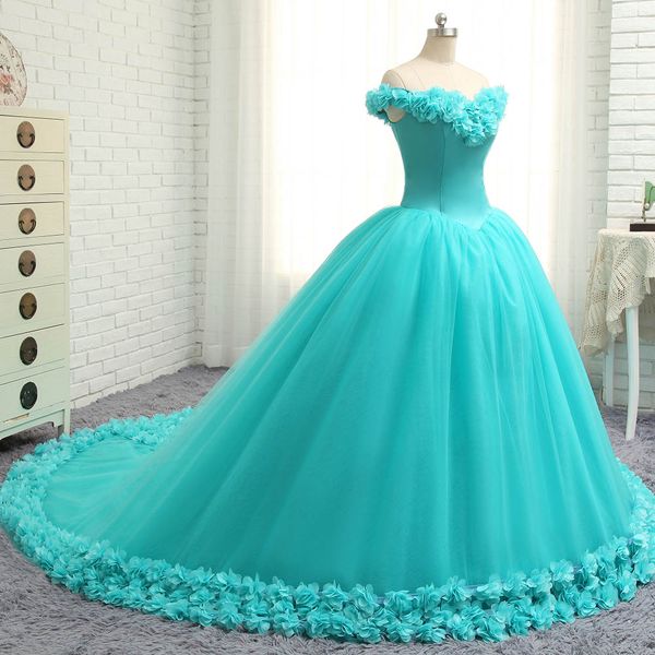 

pretty off shoulder v neckline 3d handmade flowers around hemline ice blue quinceanera ball gown vestido de, Blue;red