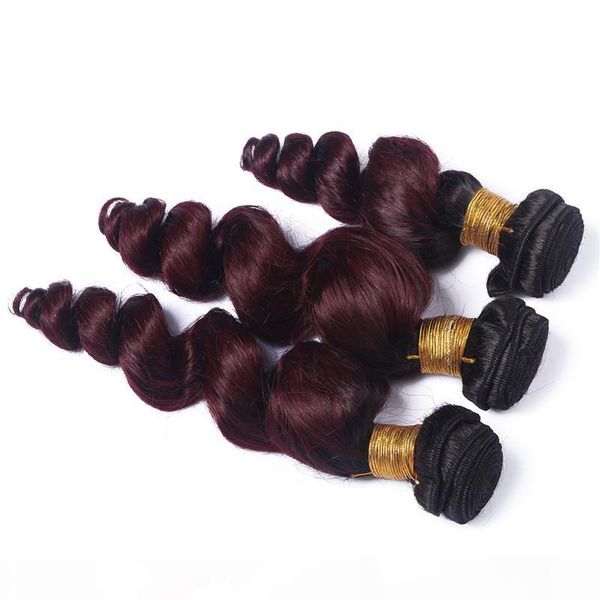 

dark root #1b 99j wine red ombre virgin brazilian human hair weaves double wefted loose wave wavy burgundy ombre virgin hair bundles deals, Black;brown