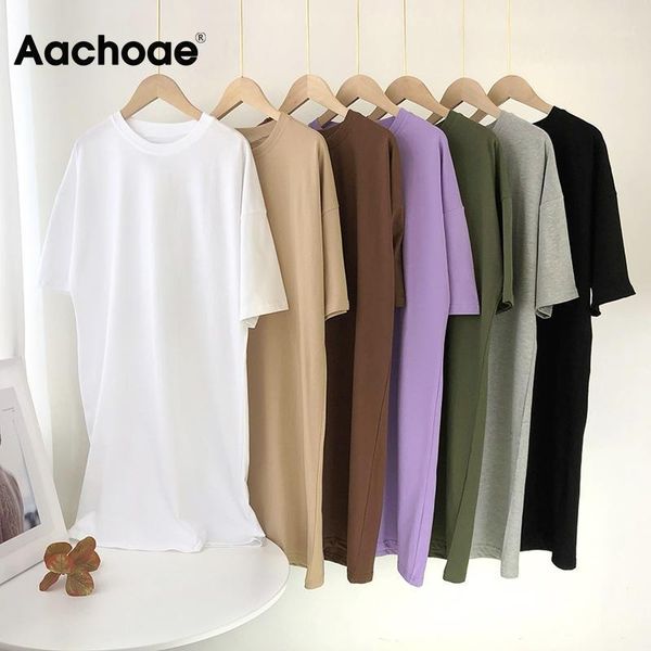 

aachoae women casual loose solid cotton t shirt dress o neck oversize mini dress batwing short sleeve basic dresses vestidos1, Black;gray