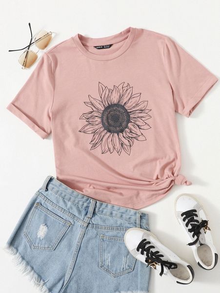 

rolled sleeve sunflower print tee l9fh#, White