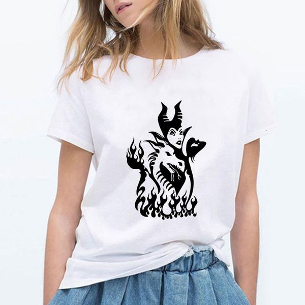 

women summer maleficent printed short sleeve harajuku t shirts women kawaii plus size kpop vogue punk t-shirt camiseta mujer, White