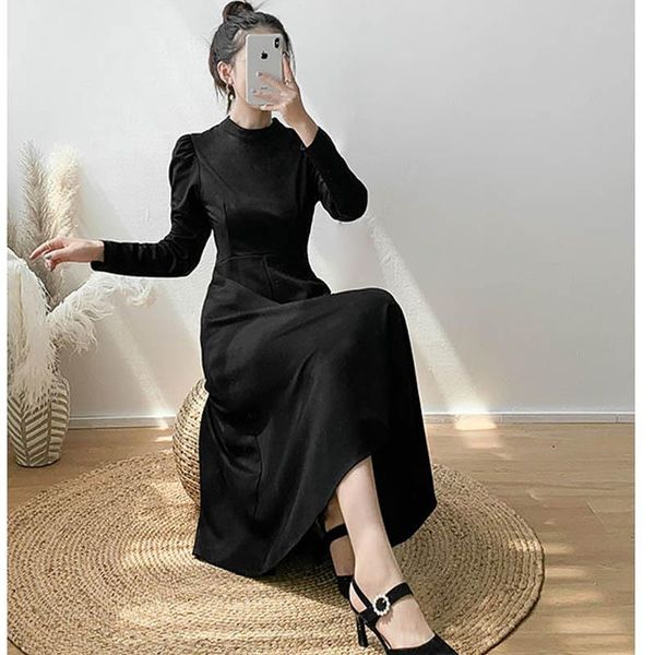 

casual dresses one piece autumn winter knitted dress women o-neck full sleeve sweater female basic irregular knit midi vestidos, Black;gray