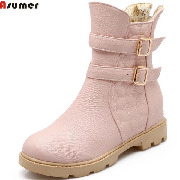 

boots asumer pink black white fashion women round toe zipper ladies bootd height increasing buckle ankle big size 34-43
