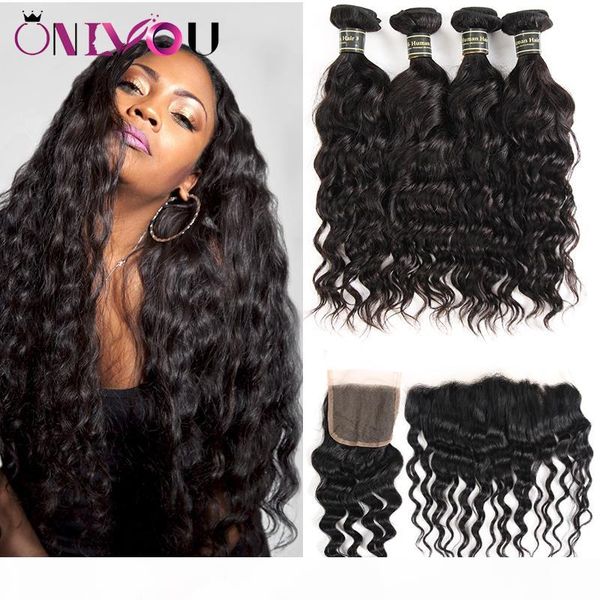 

onlyou unprocessed brazilian virgin human hair bundles with closure water wave weave bundles with frontal ear to ear remy human hair vendors, Black;brown