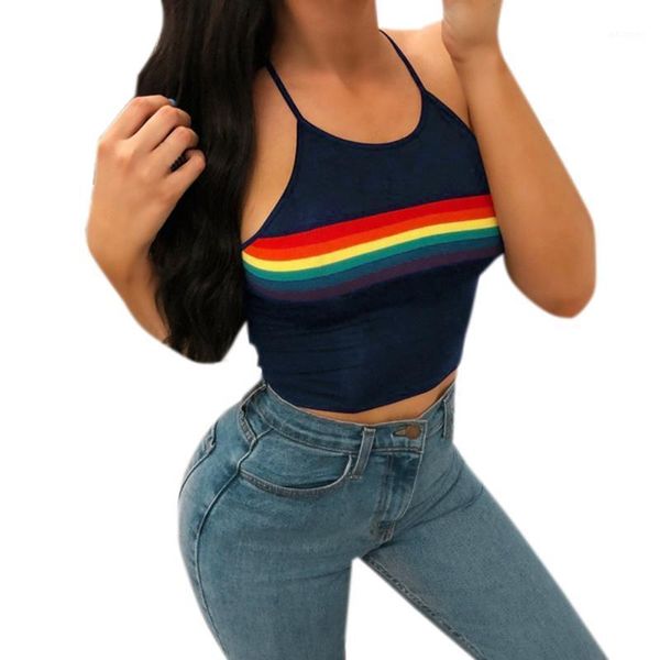 

women camis rainbow striped halter female tshirt strappy casual sling tank ladies vest camis camisetas tirantes1, White