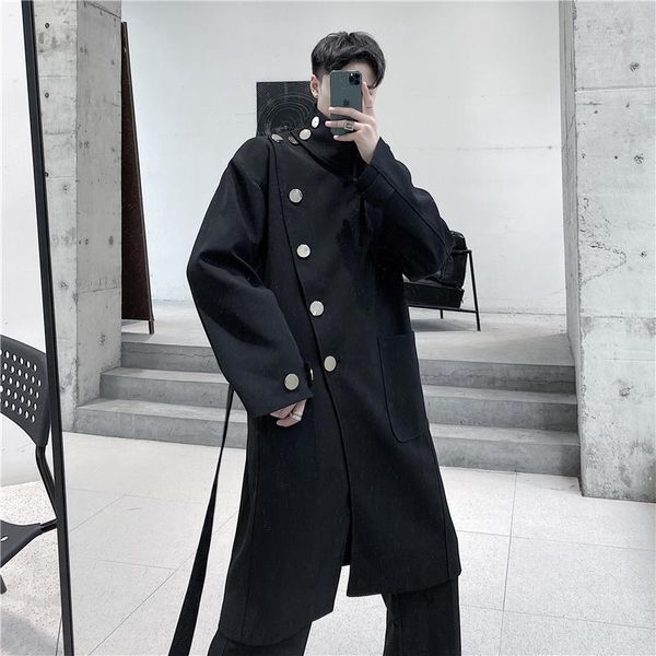 

men's trench coats -xlmetal button bib high neck long over-the-knee windbreaker male personality handsome design sense oblique coat, Tan;black