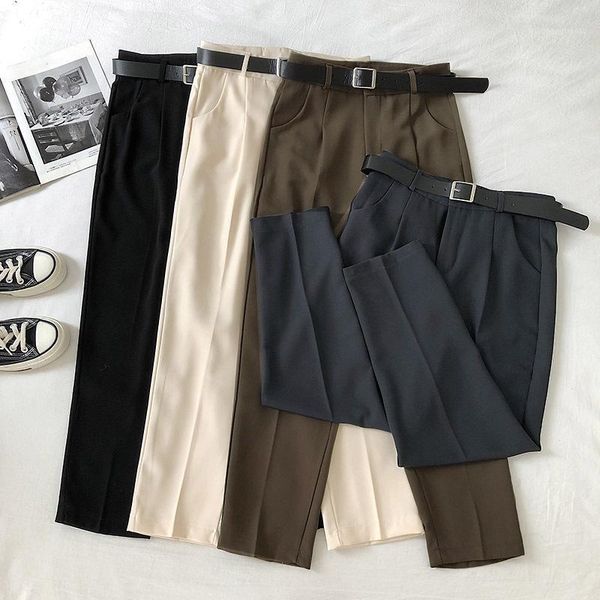 

new 2020 spring summer women pants high waist loose formal elegant office lady ankle-length with belt pants1, Black;white
