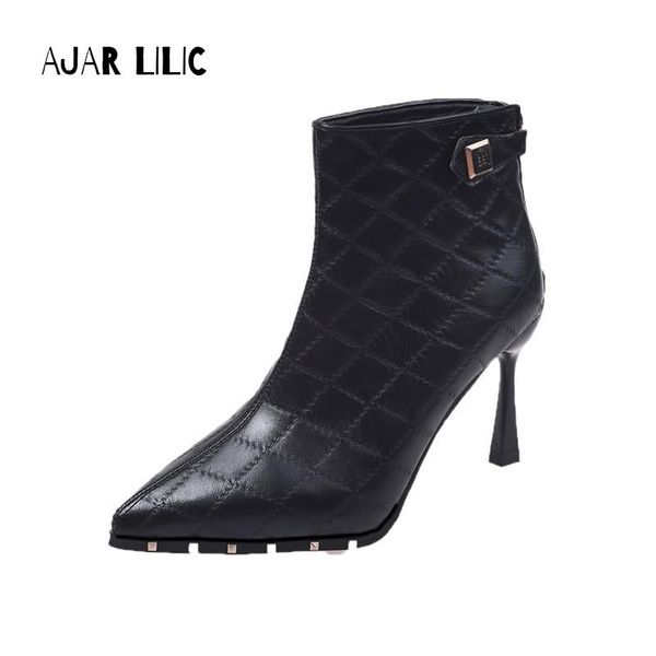 

2020 diamond check pattern high-heeled women's leather boots shoes, Black