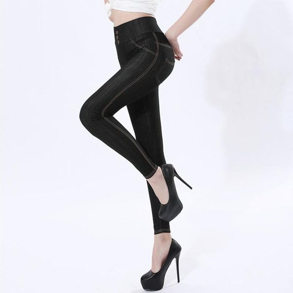 

cotton imitation jeans women leggings high waist button pockets black blue large size 5xl imitation denim elasticity pant1