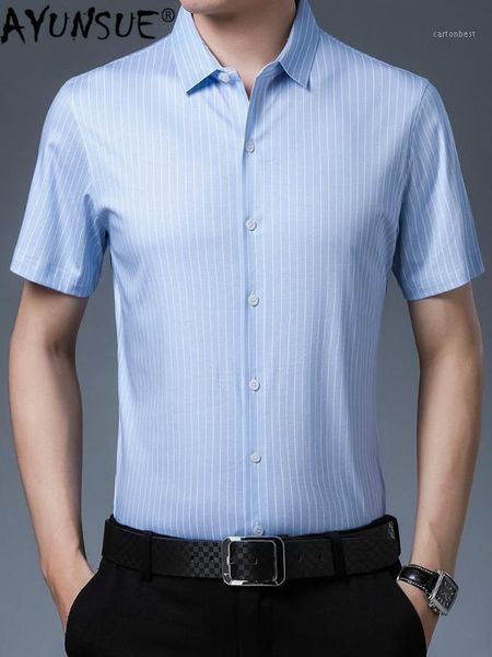 

men's casual shirts ayunsue men real silk stripe shirt summer clothes short sleeve single breasted dress krd-hl81111, White;black