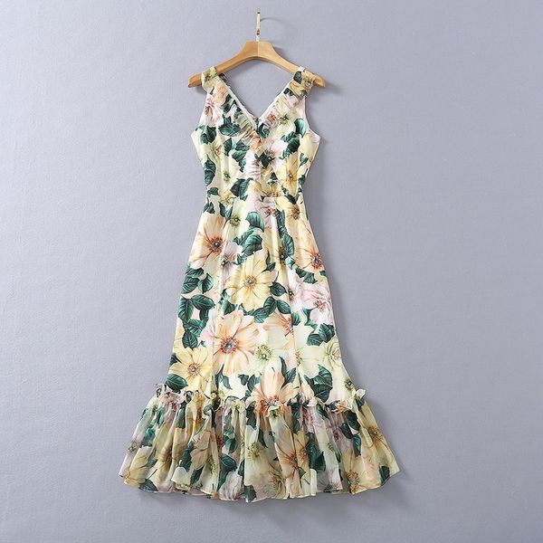 

2021 spring summer v neck print fashion milan runway dress designer dress brand same style dress 0110-5, Black