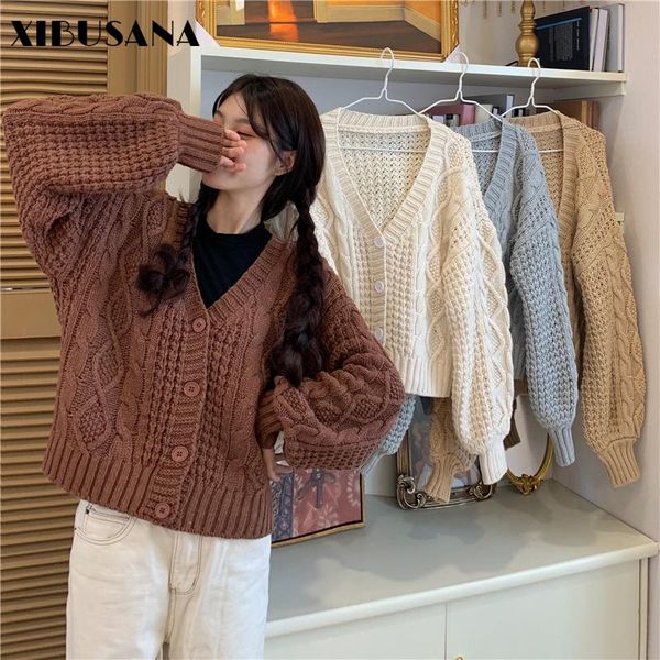 

women's knits & tees xibusana women sweaters coat 2021 autumn winter solid loose vintage lantern sleeve v-neck cardigans short knitted, White